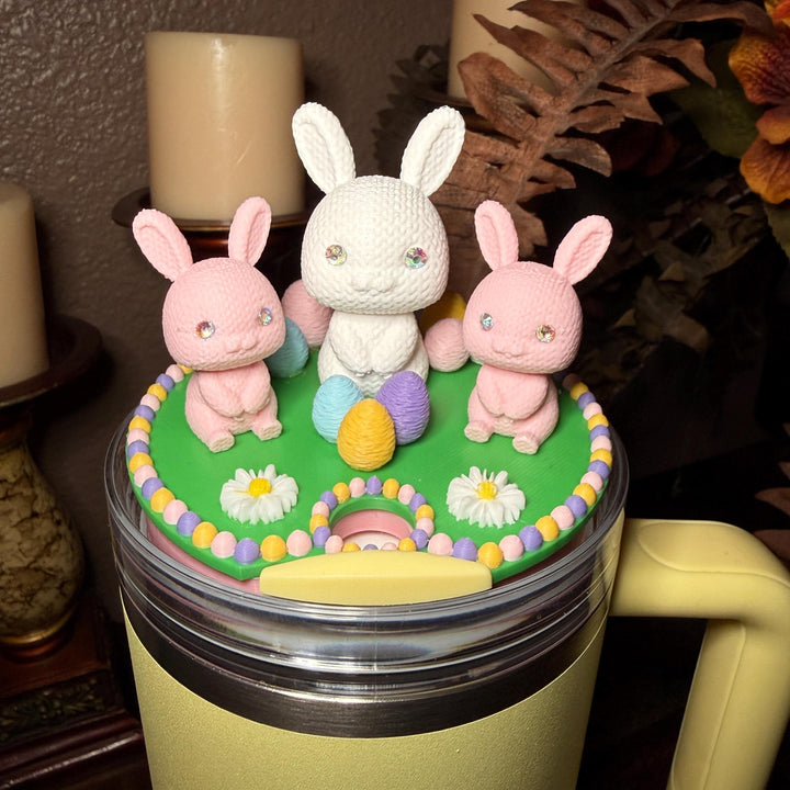 Bunny and Easter Eggs Tumbler Topper, Easter Spring, Flowers tumbler topper, 3D Decorative Lid Attachment, unique gift
