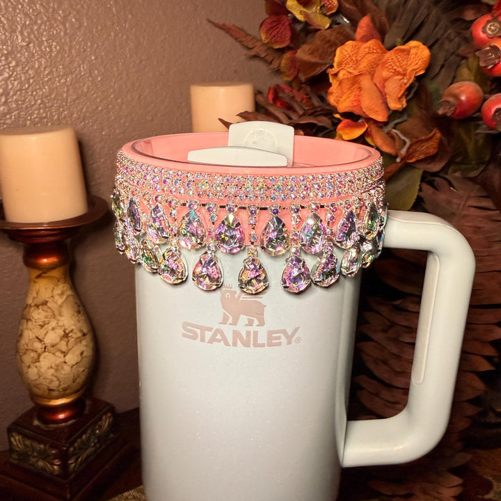 Spring Pink Iridescent Rhinestone Princess Accessories for Stanley tumblers, Princess Crown Topper Bling Bangle Band or rose topper