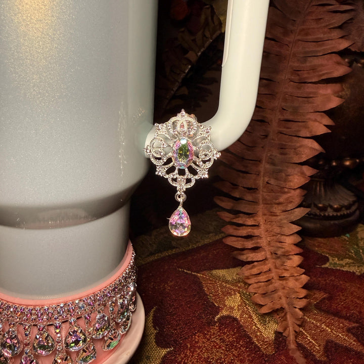 Spring Pink Iridescent Rhinestone Princess Accessories for Stanley tumblers, Princess Crown Topper Bling Bangle Band or rose topper