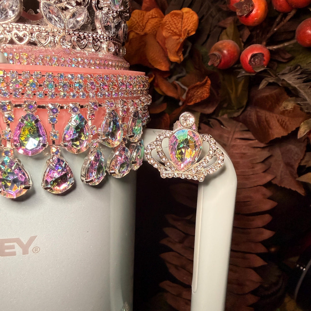Spring Pink Iridescent Rhinestone Princess Accessories for Stanley tumblers, Princess Crown Topper Bling Bangle Band or rose topper