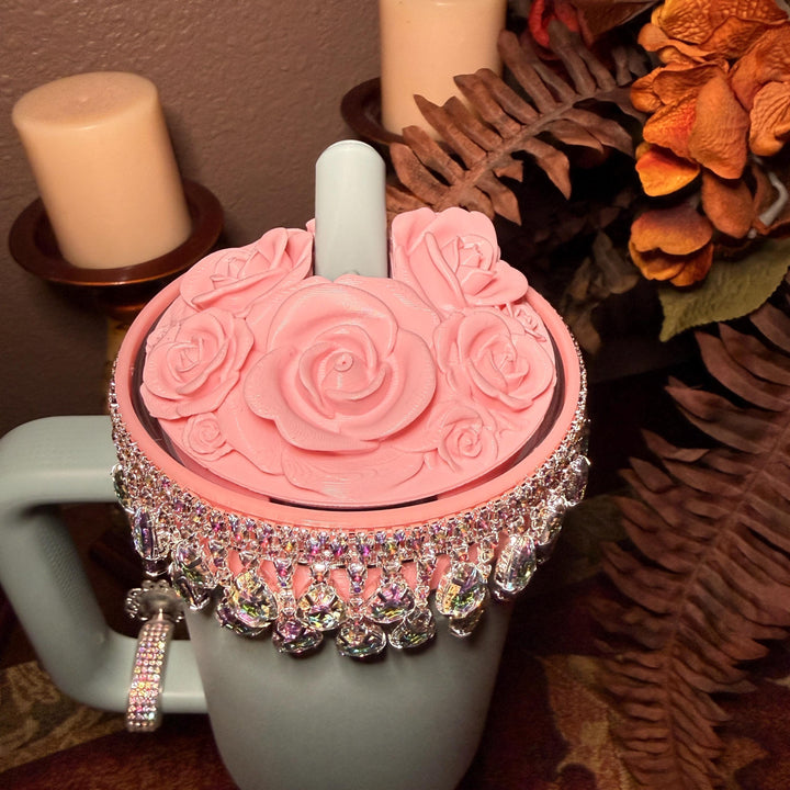 Spring Pink Iridescent Rhinestone Princess Accessories for Stanley tumblers, Princess Crown Topper Bling Bangle Band or rose topper