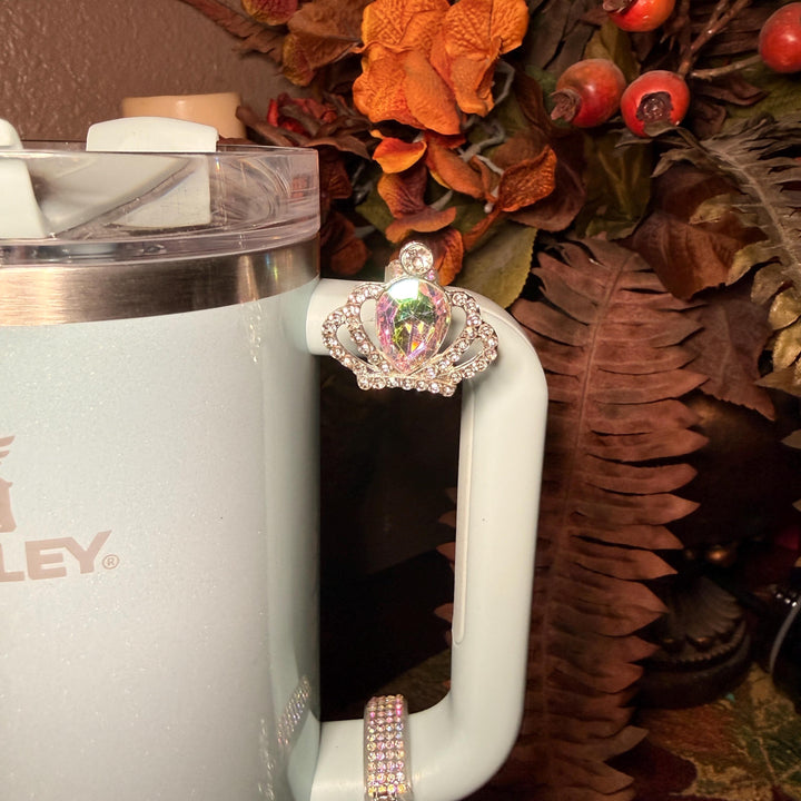 Spring Pink Iridescent Rhinestone Princess Accessories for Stanley tumblers, Princess Crown Topper Bling Bangle Band or rose topper