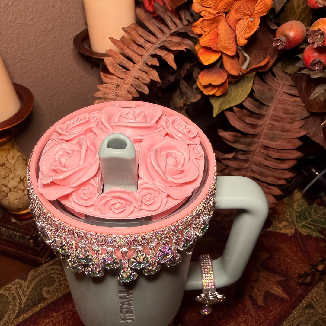 Spring Pink Iridescent Rhinestone Princess Accessories for Stanley tumblers, Princess Crown Topper Bling Bangle Band or rose topper