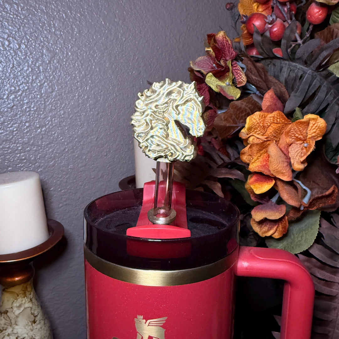 Red Stallion Horse Tumbler Boot, lid topper or straw topper, Red Gold Lunar New Year Cup Sleeve, fits your Stanley, Unique Gift
