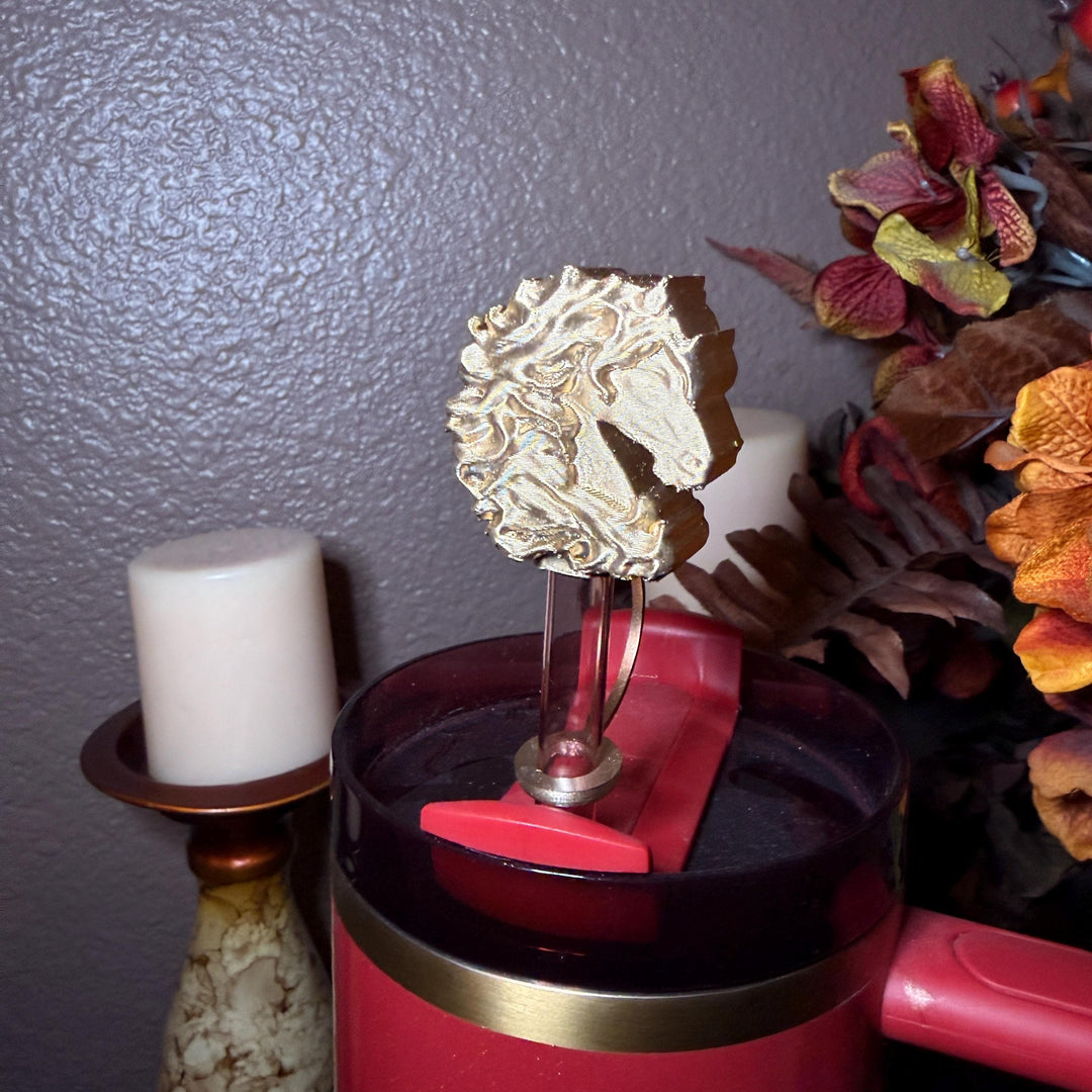 Red Stallion Horse Tumbler Boot, lid topper or straw topper, Red Gold Lunar New Year Cup Sleeve, fits your Stanley, Unique Gift