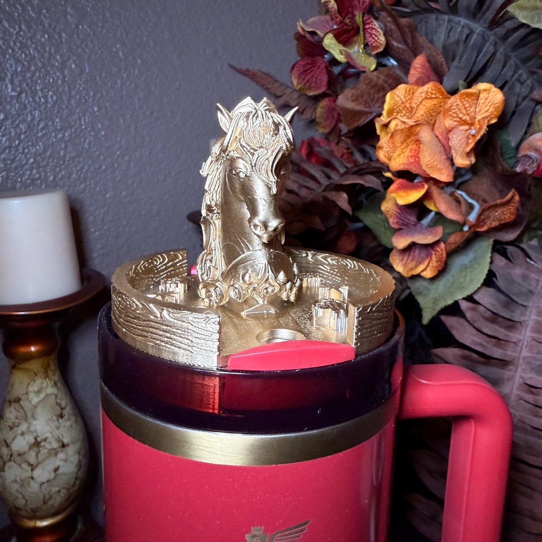Red Stallion Horse Tumbler Boot, lid topper or straw topper, Red Gold Lunar New Year Cup Sleeve, fits your Stanley, Unique Gift