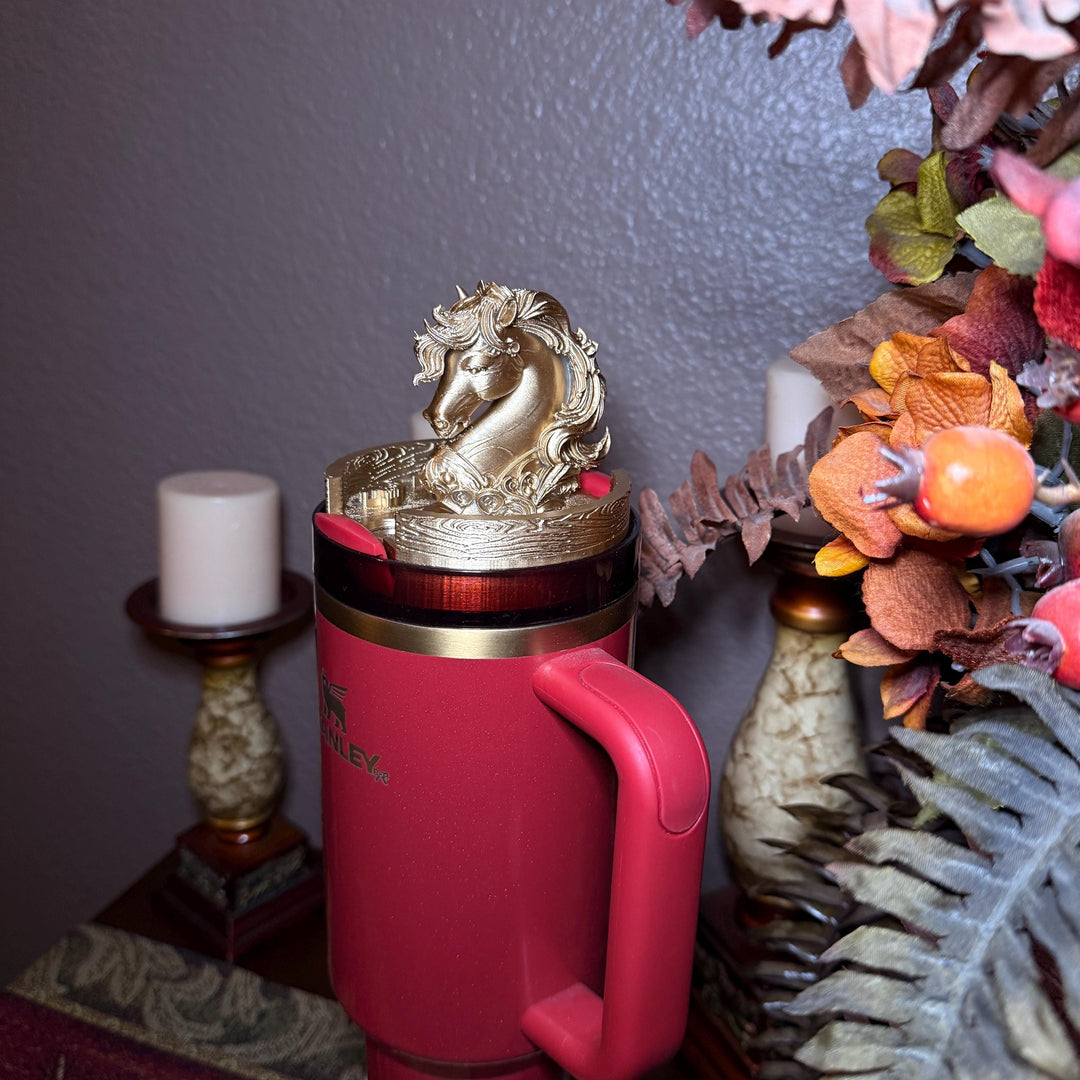 Red Stallion Horse Tumbler Boot, lid topper or straw topper, Red Gold Lunar New Year Cup Sleeve, fits your Stanley, Unique Gift