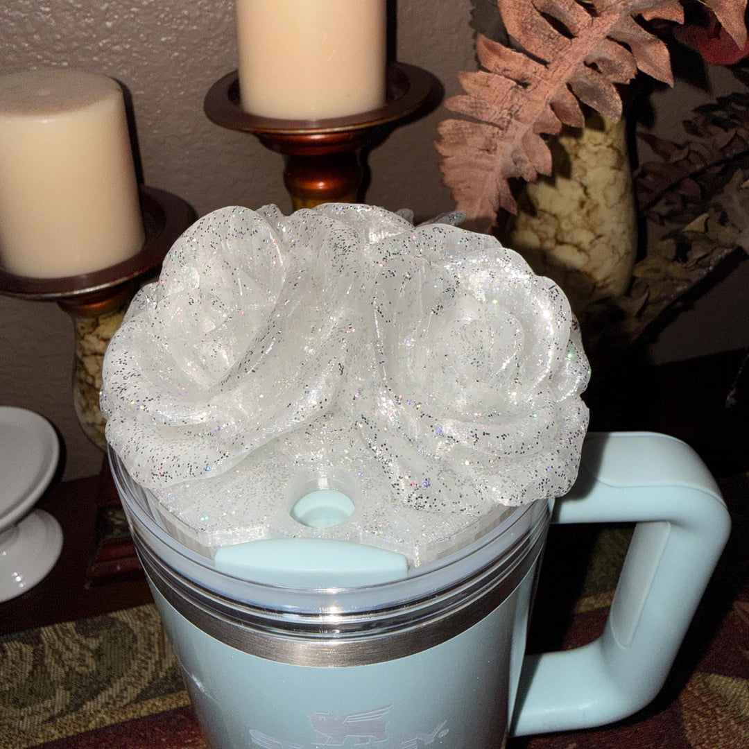 Stunning Glitter Rose Bouquet Cluster Tumbler Topper that fit Stanley Tumbler Quencher Lids, 3D Decorative Lid