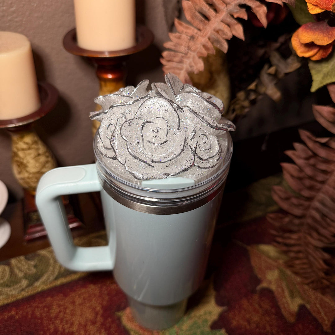 Stunning Glitter Rose Bouquet Cluster Tumbler Topper that fit Stanley Tumbler Quencher Lids, 3D Decorative Lid