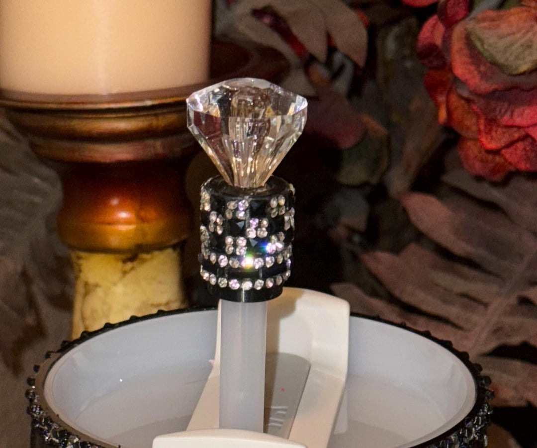 Black and Silver Rhinestone Diamond Straw Topper Princess Accessory Collection for Stanley tumblers