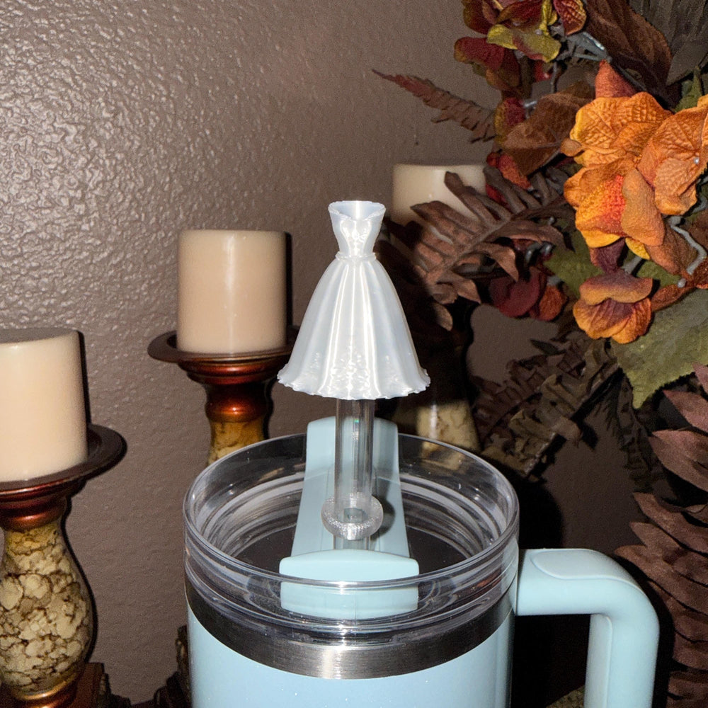 Bride Wedding Dress Straw Cap Topper, White Silk, for Stanley 20 30 or 40 oz Tumblers with 10 mm straw, unique minimalist gift