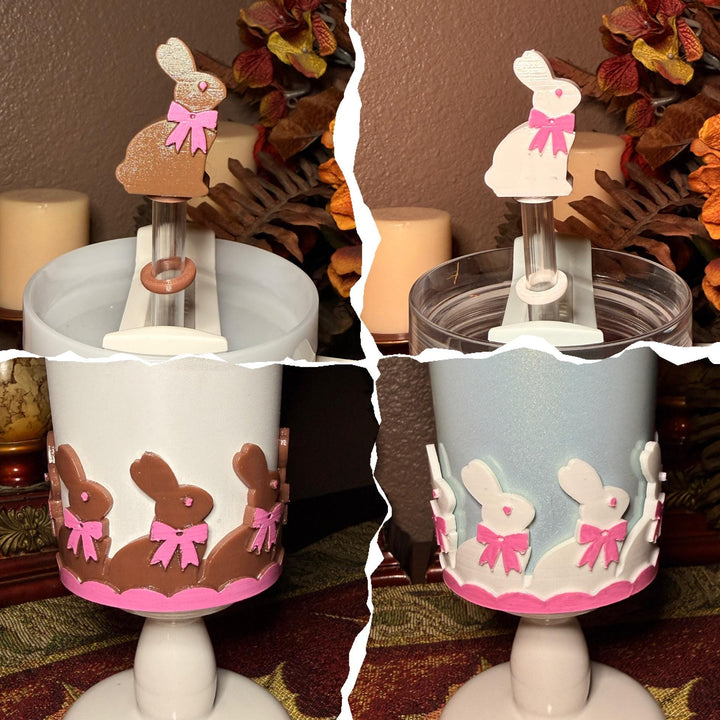 Chocolate Easter Bunny Tumbler Boot or straw topper, White Brown Bunnies, Fit's Stanley and other Tumblers, Protective Sleeve