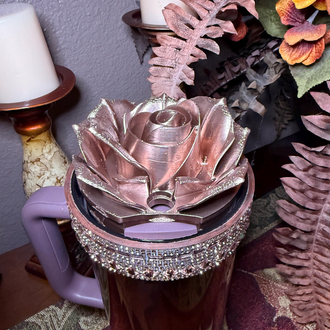 Polished Rose Gold 3D Rose Tumbler Topper that fit the new Stanley tumblers, 3D Decorative Lid