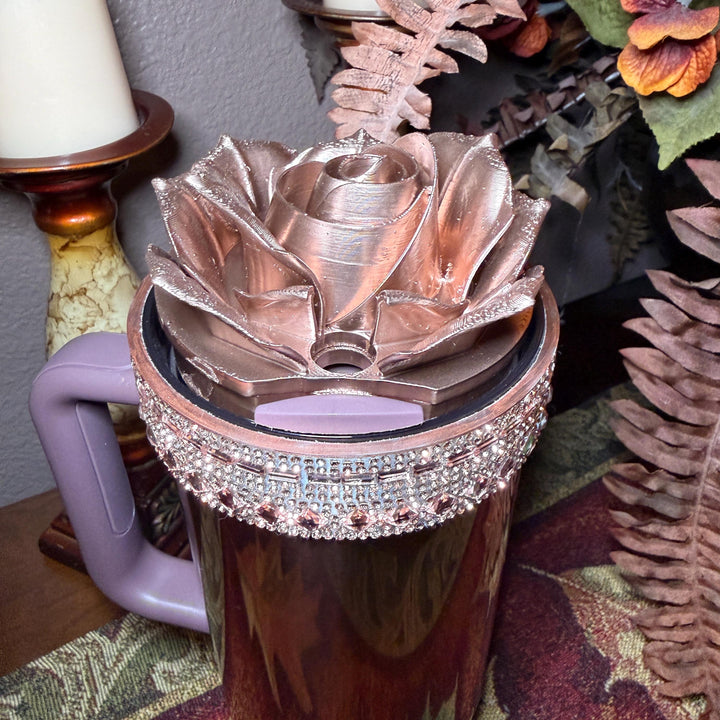 Polished Rose Gold 3D Rose Tumbler Topper that fit the new Stanley tumblers, 3D Decorative Lid