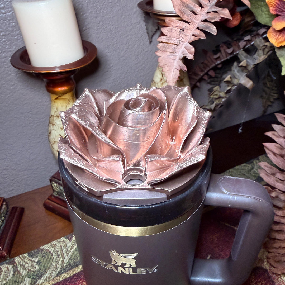 Polished Rose Gold 3D Rose Tumbler Topper that fit the new Stanley tumblers, 3D Decorative Lid