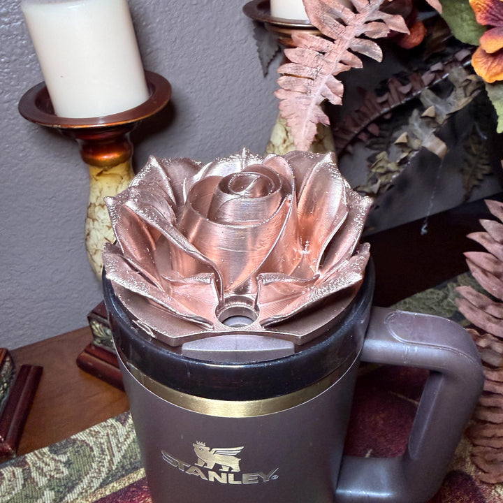 Polished Rose Gold 3D Rose Tumbler Topper that fit the new Stanley tumblers, 3D Decorative Lid