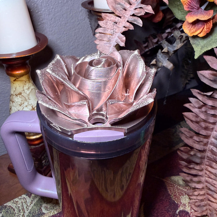Polished Rose Gold 3D Rose Tumbler Topper that fit the new Stanley tumblers, 3D Decorative Lid