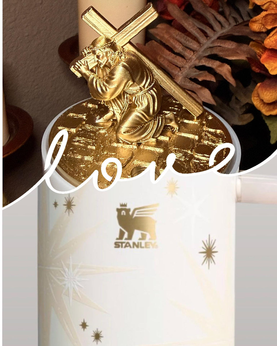 Gold Jesus carrying a crucifix Tumbler lid topper, Cross boot and church boot, Stanley Tumbler Accessories, Starlight Shimmer
