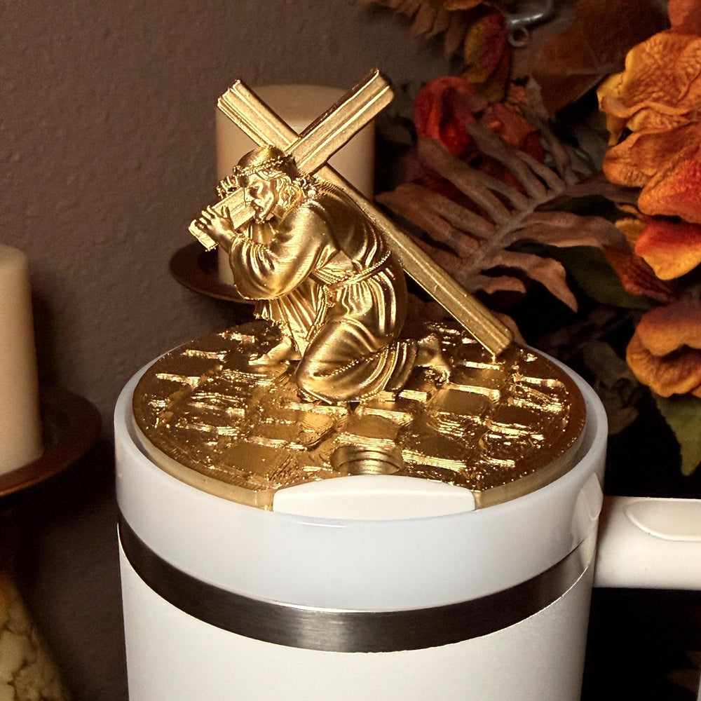 Gold Jesus carrying a crucifix Tumbler lid topper, Cross boot and church boot, Stanley Tumbler Accessories, Starlight Shimmer