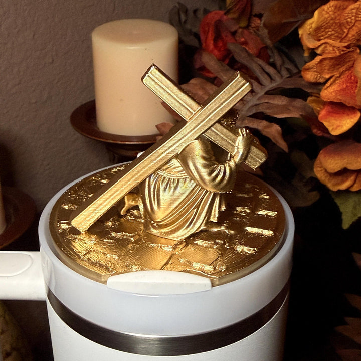Gold Jesus carrying a crucifix Tumbler lid topper, Cross boot and church boot, Stanley Tumbler Accessories, Starlight Shimmer