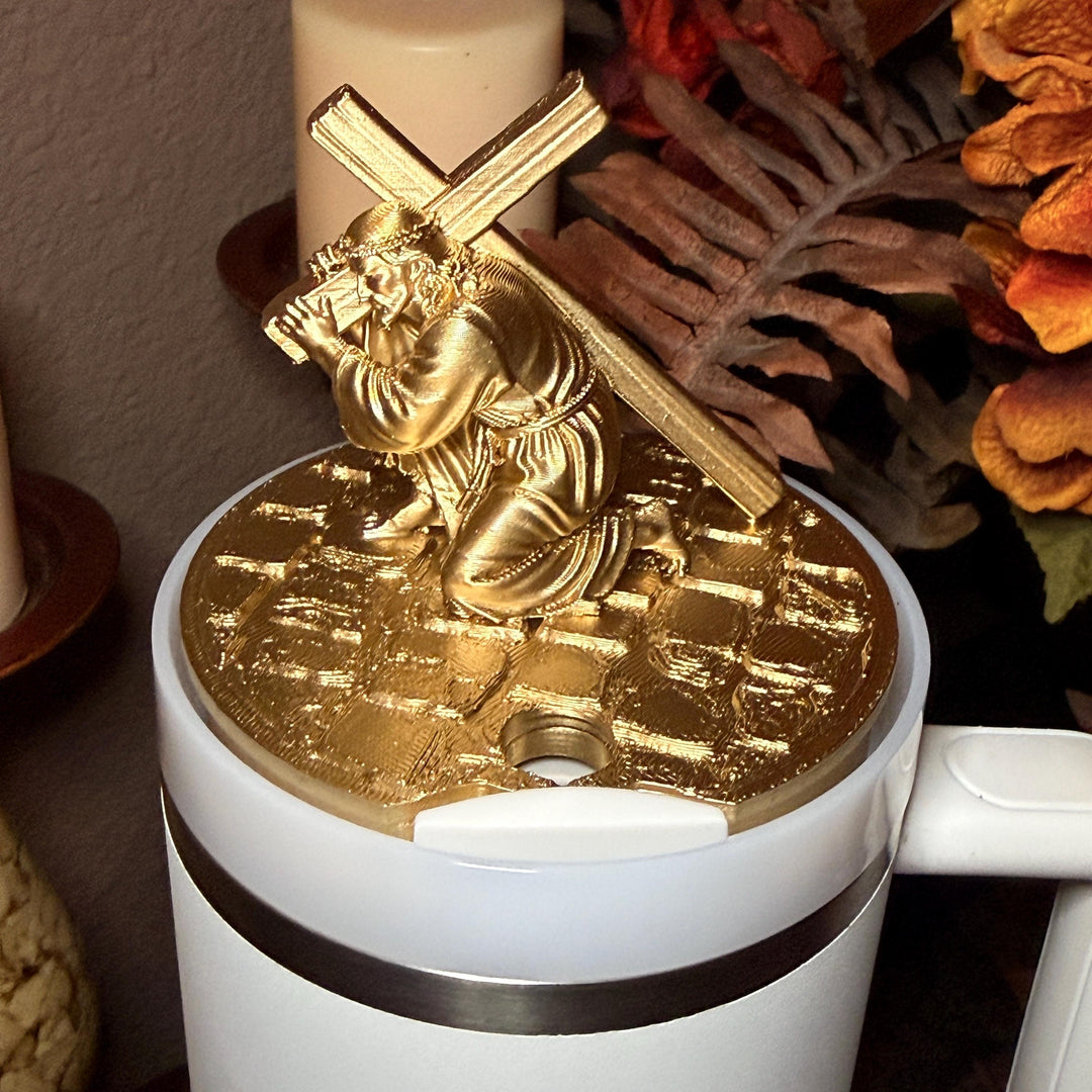 Gold Jesus carrying a crucifix Tumbler lid topper, Cross boot and church boot, Stanley Tumbler Accessories, Starlight Shimmer