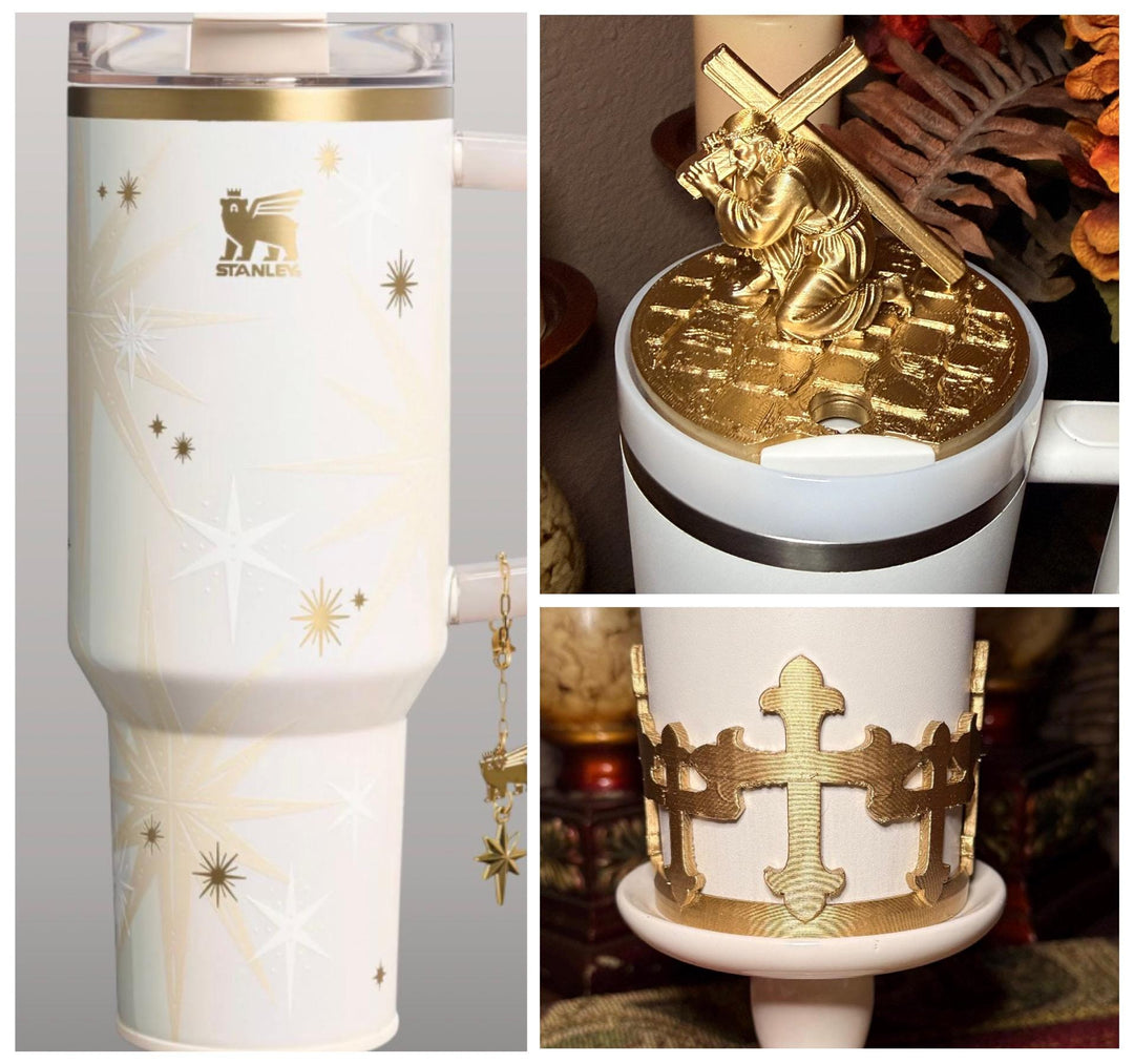 Gold Jesus carrying a crucifix Tumbler lid topper, Cross boot and church boot, Stanley Tumbler Accessories, Starlight Shimmer