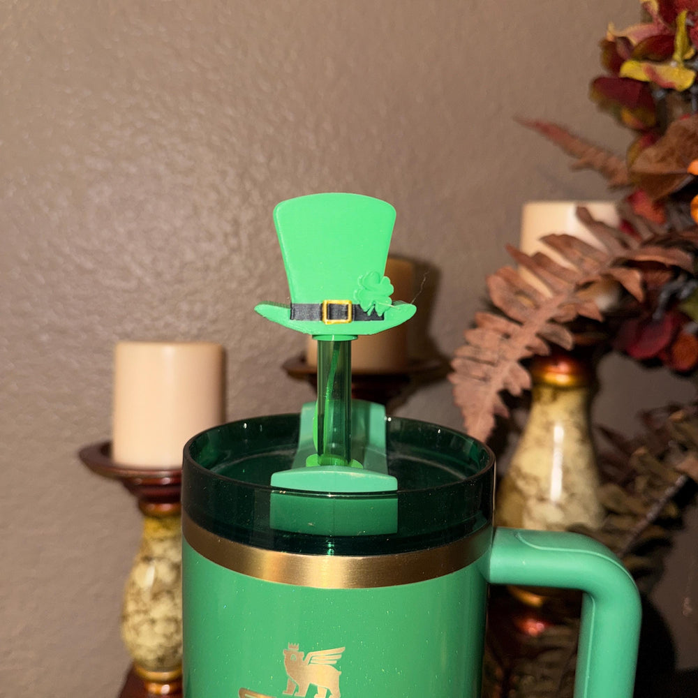St. Patricks Day Hat Straw Cap Topper, Green Shamrock, for Stanley Tumblers with 10 mm straw, unique minimalist gift accessories