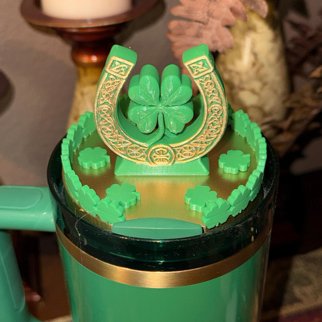 St. Patricks Day Horseshoe Lid Topper, Green Gold Shamrock, for Stanley Tumblers, unique minimalist gift accessories
