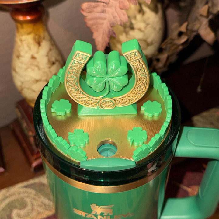 St. Patricks Day Horseshoe Lid Topper, Green Gold Shamrock, for Stanley Tumblers, unique minimalist gift accessories