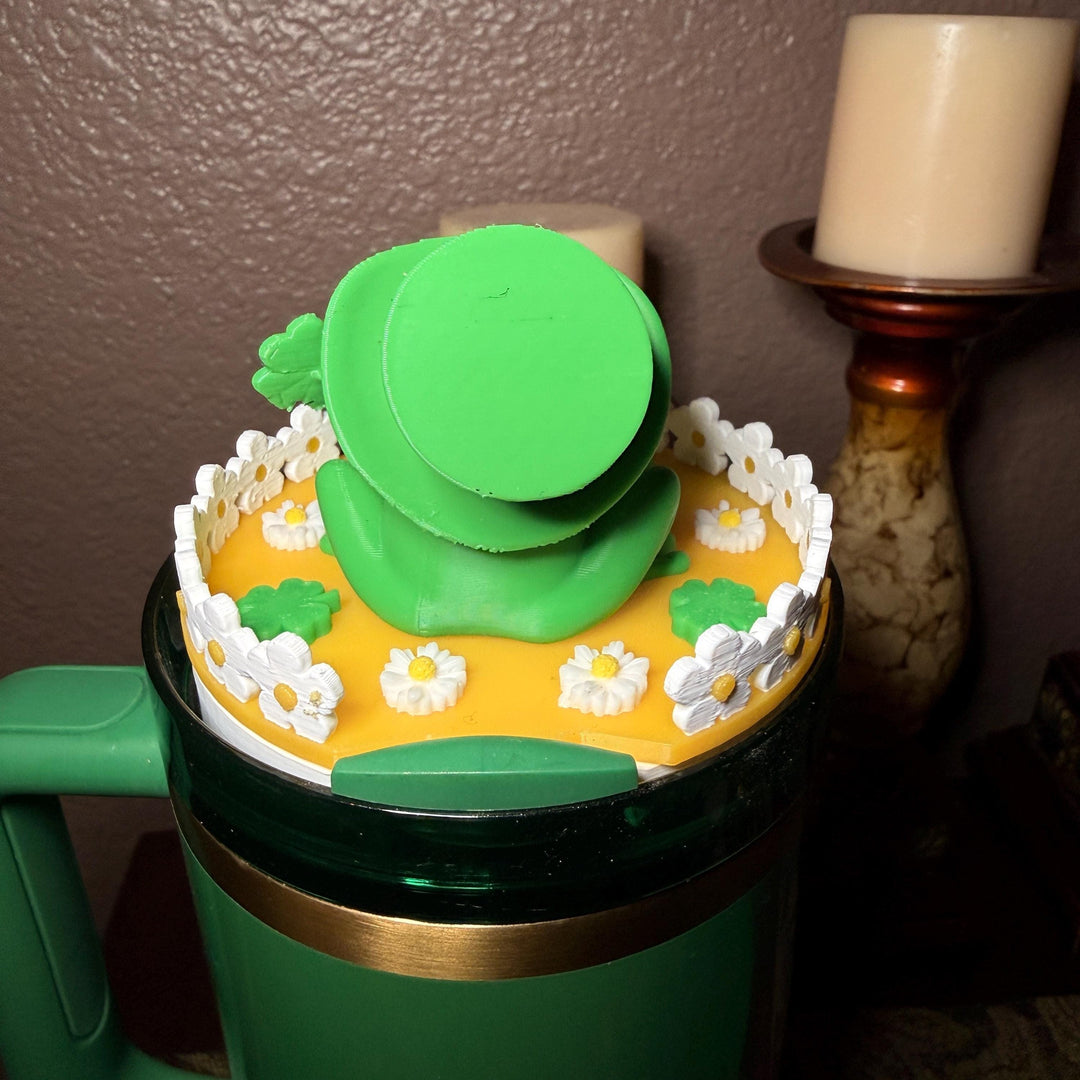 St. Patricks Day Lucky Frog Lid Topper, Green Gold Daisy Shamrock, for Stanley Tumblers, unique minimalist gift accessories