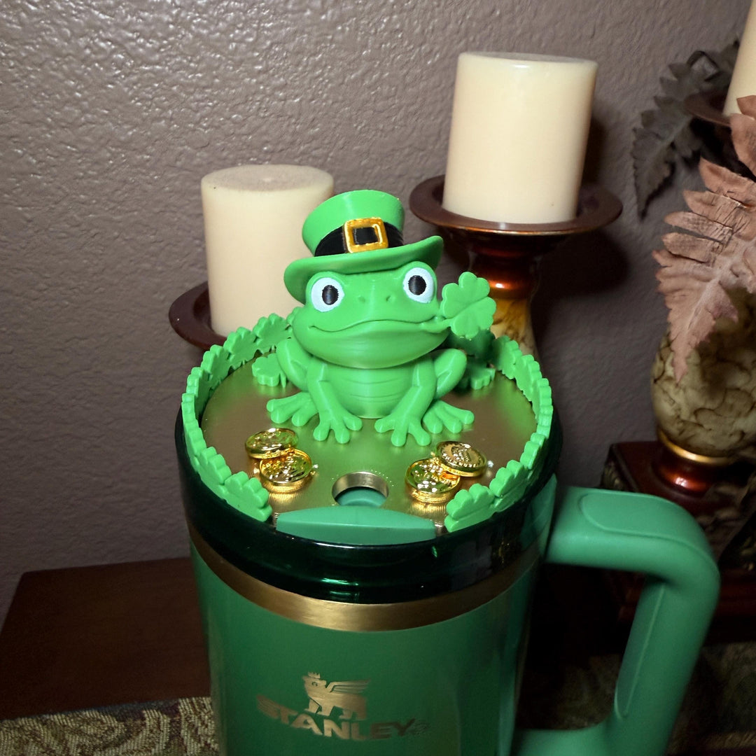 St. Patricks Day Lucky Frog Lid Topper, Green Gold Daisy Shamrock, for Stanley Tumblers, unique minimalist gift accessories