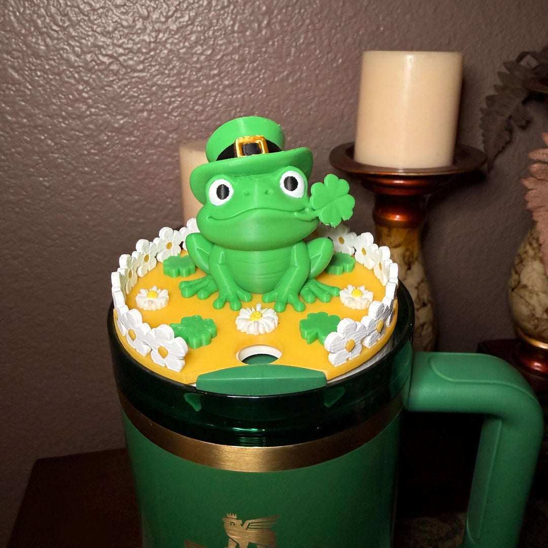 St. Patricks Day Lucky Frog Lid Topper, Green Gold Daisy Shamrock, for Stanley Tumblers, unique minimalist gift accessories