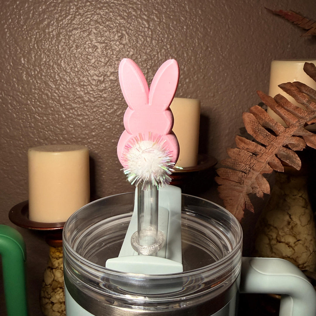 Easter Bunny with a puff tail Straw Cap Topper, for Stanley 20 30 or 40 oz Tumblers with 10 mm straw, unique minimalist gift