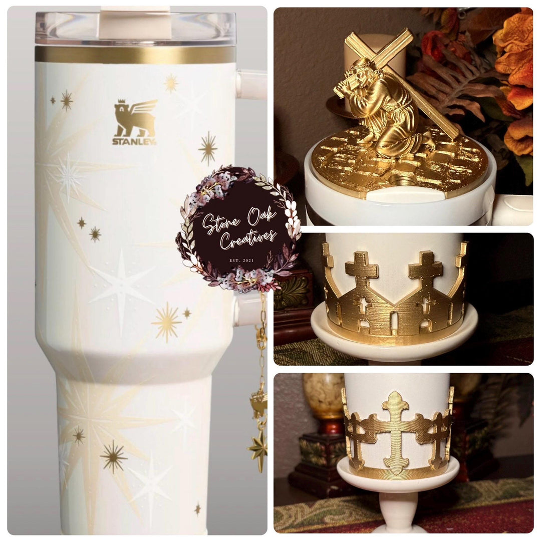 Gold Jesus carrying a crucifix Tumbler lid topper, Cross boot and church boot, Stanley Tumbler Accessories, Starlight Shimmer
