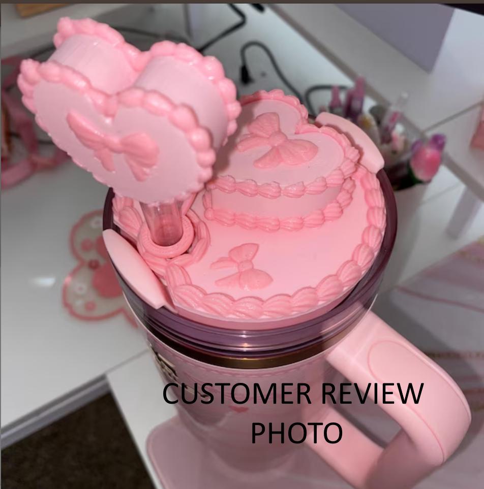 Pink Velvet Valentine Cake Heart Tumbler Lid Toppers, Straw Topper Slider Buddy, fits 20 30 or 40 oz Stanley