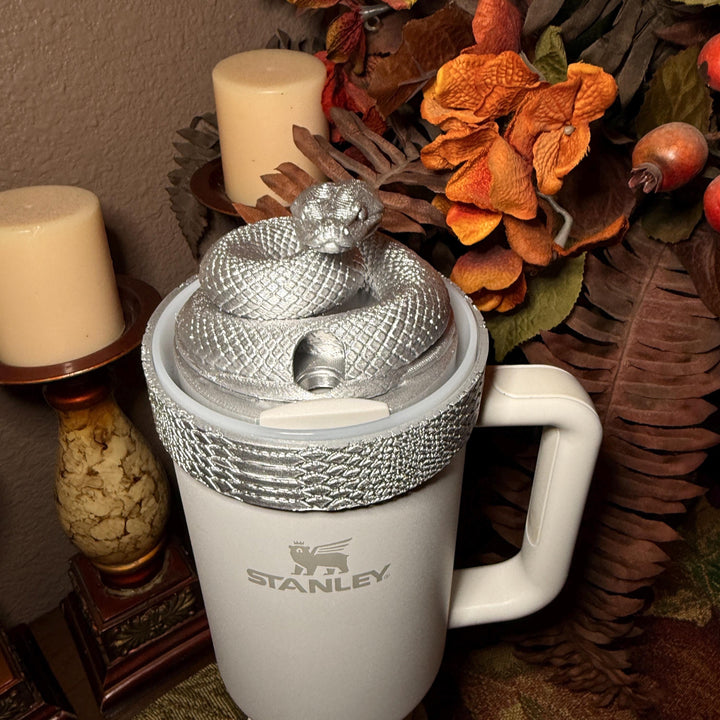 Silver Snake and Snakeskin Tumbler Accessories, boot, halo, lid topper, brown, unique trending gifts for Stanley 20 30 40 oz Luxe Collection