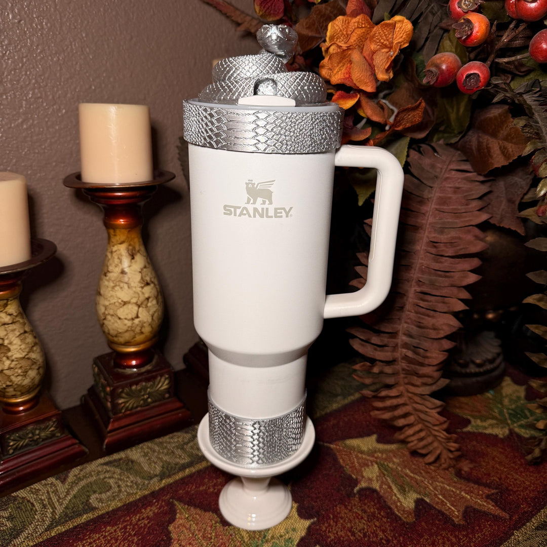 Silver Snake and Snakeskin Tumbler Accessories, boot, halo, lid topper, brown, unique trending gifts for Stanley 20 30 40 oz Luxe Collection