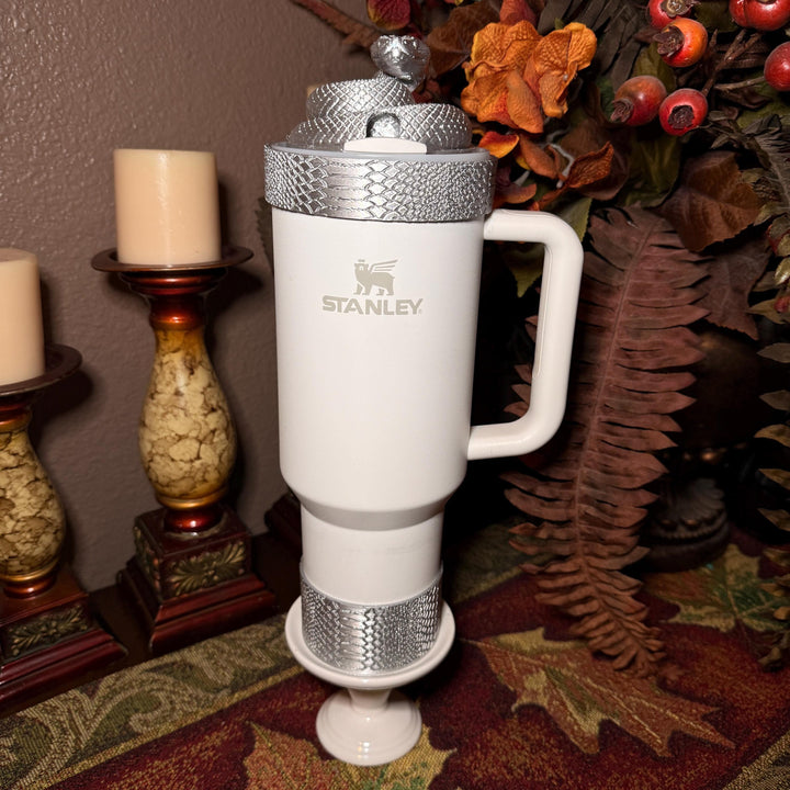 Silver Snake and Snakeskin Tumbler Accessories, boot, halo, lid topper, brown, unique trending gifts for Stanley 20 30 40 oz Luxe Collection