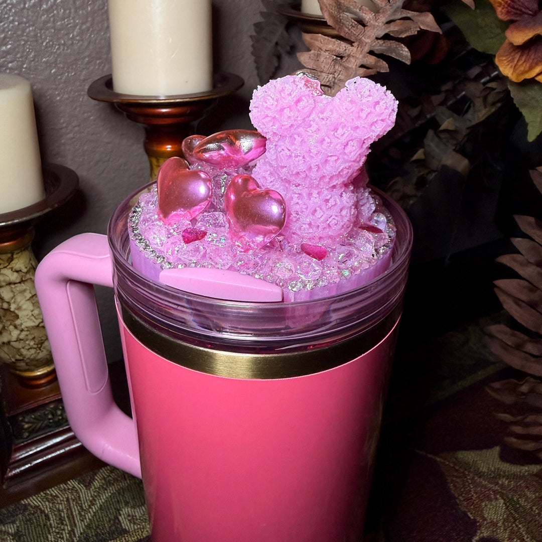 Rhinestone Pinkish Rose Bear and Pink Hearts Rhinestone Tumbler Topper fits Stanley Lid Valentine