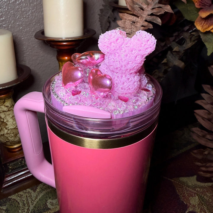 Rhinestone Pinkish Rose Bear and Pink Hearts Rhinestone Tumbler Topper fits Stanley Lid Valentine