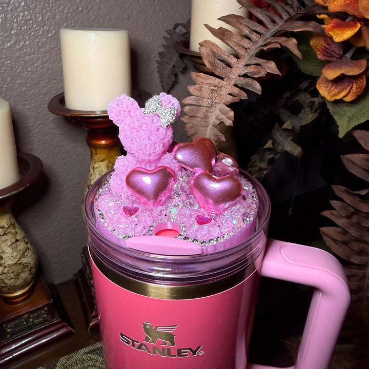 Rhinestone Pinkish Rose Bear and Pink Hearts Rhinestone Tumbler Topper fits Stanley Lid Valentine