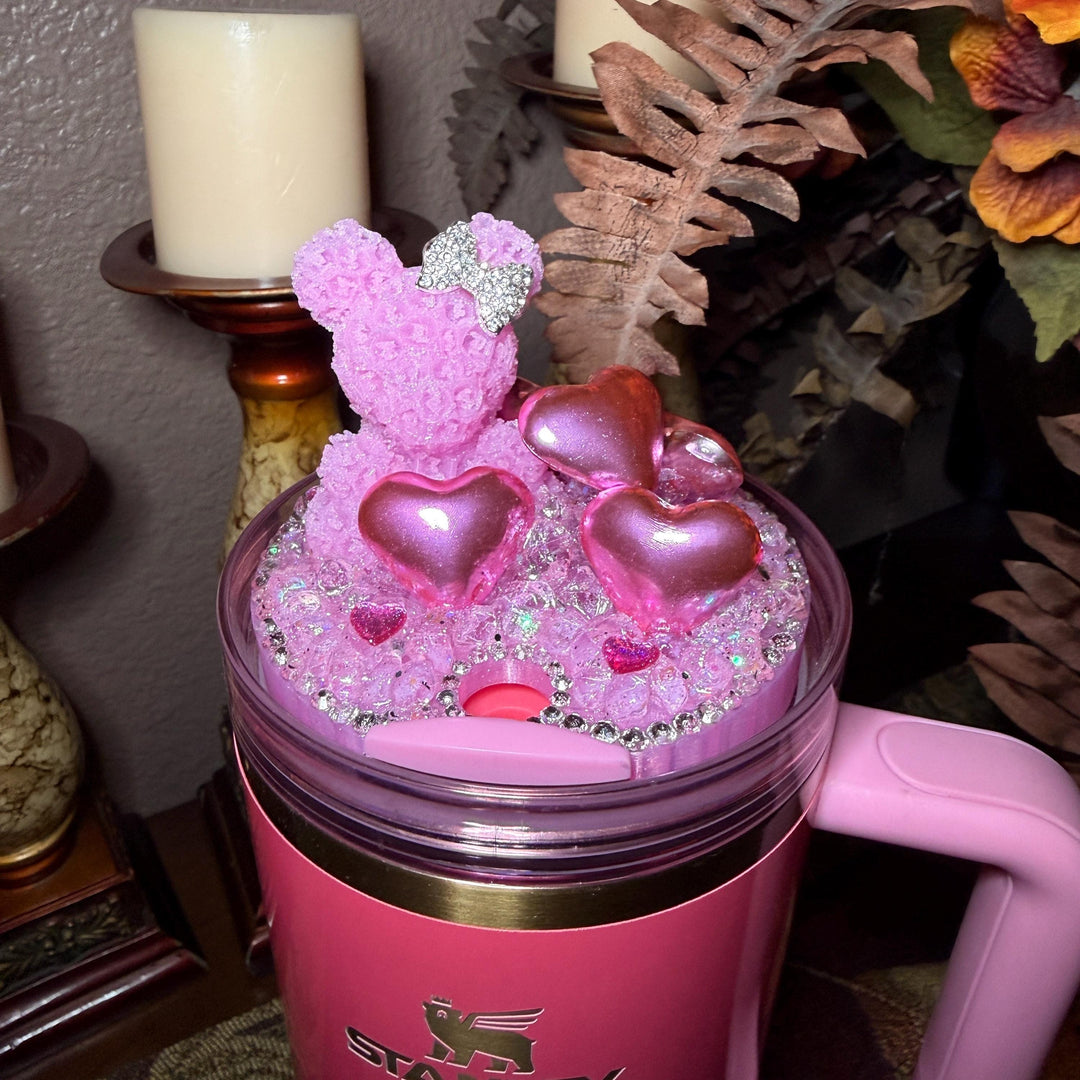 Rhinestone Pinkish Rose Bear and Pink Hearts Rhinestone Tumbler Topper fits Stanley Lid Valentine