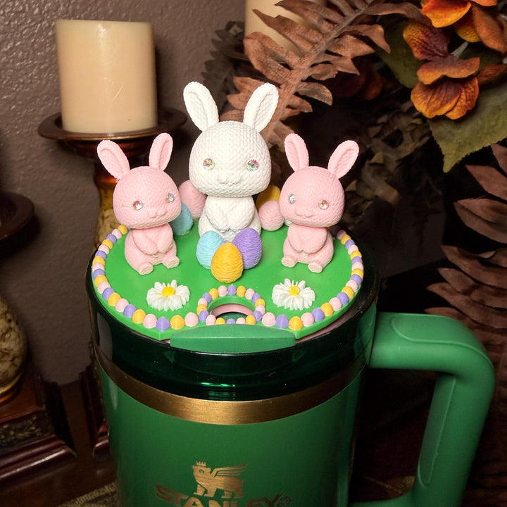Bunny and Easter Eggs Tumbler Topper, Easter Spring, Flowers tumbler topper, 3D Decorative Lid Attachment, unique gift