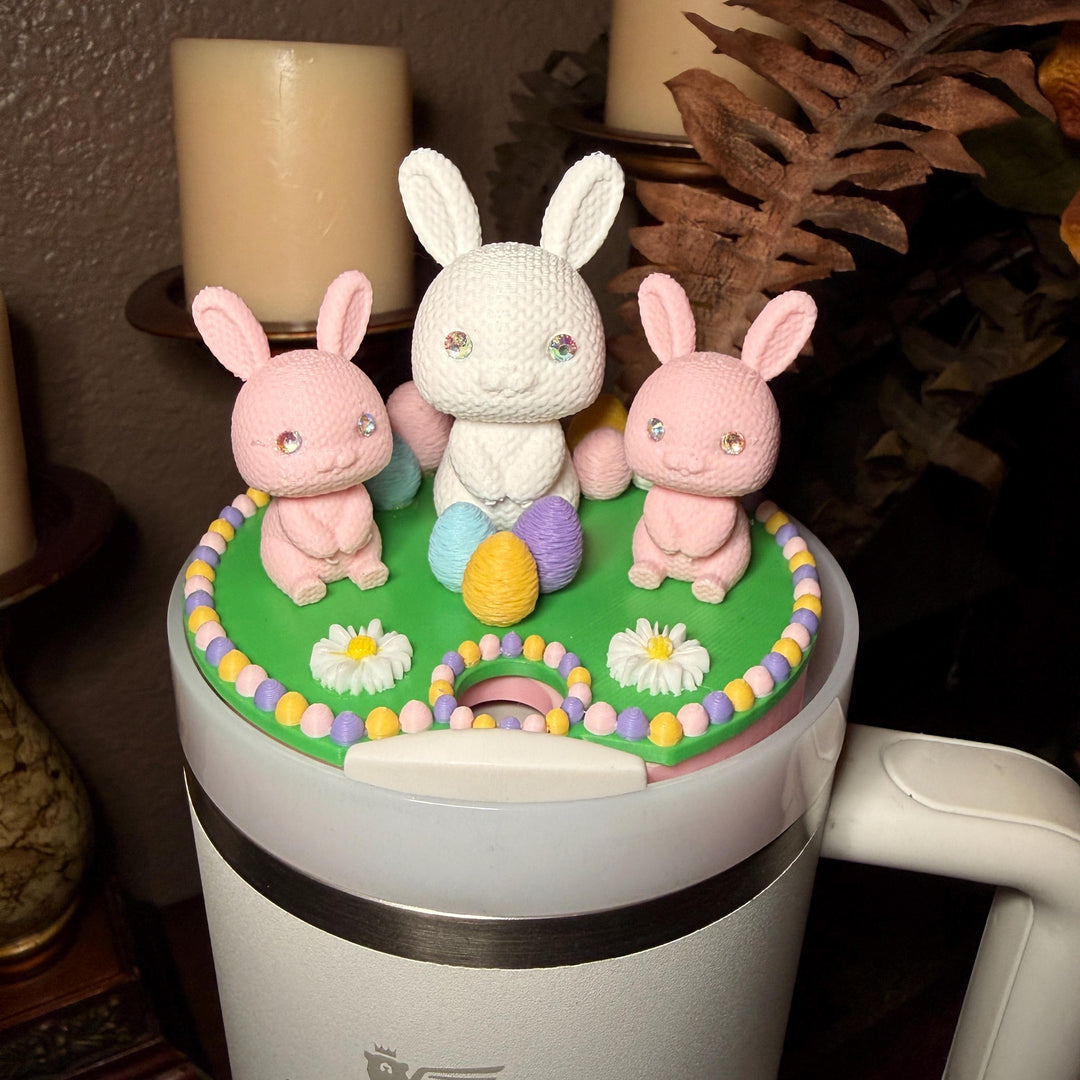 Bunny and Easter Eggs Tumbler Topper, Easter Spring, Flowers tumbler topper, 3D Decorative Lid Attachment, unique gift