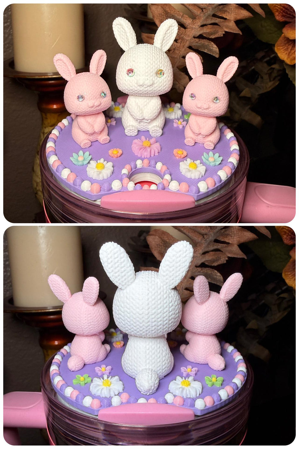 Bunny and Flowers Tumbler Topper, Easter Spring, Flowers tumbler topper, 3D Decorative Lid Attachment, unique gift