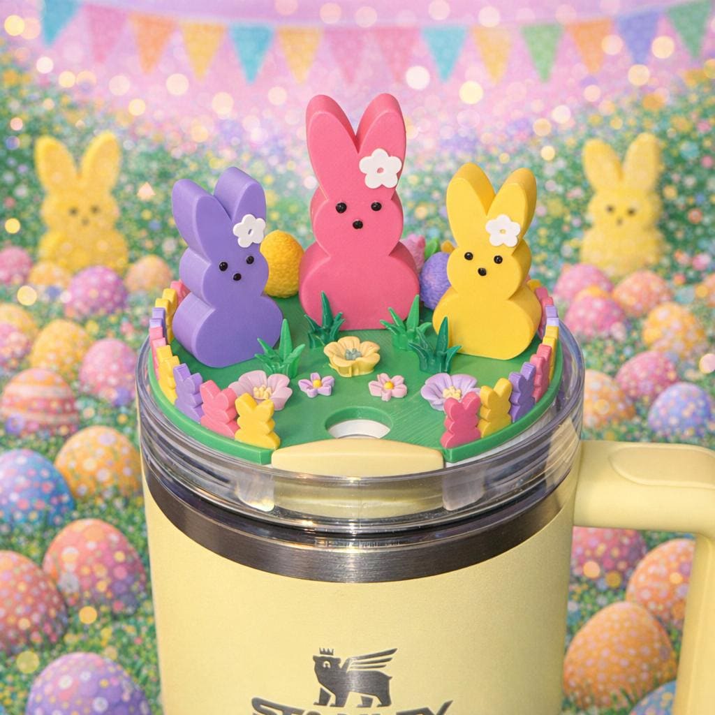 Easter Bunny, Eggs, Flowers Tumbler Topper, Spring colors, straw cap, Stanley Accessories, 3D Decorative Lid Attachment, unique gift