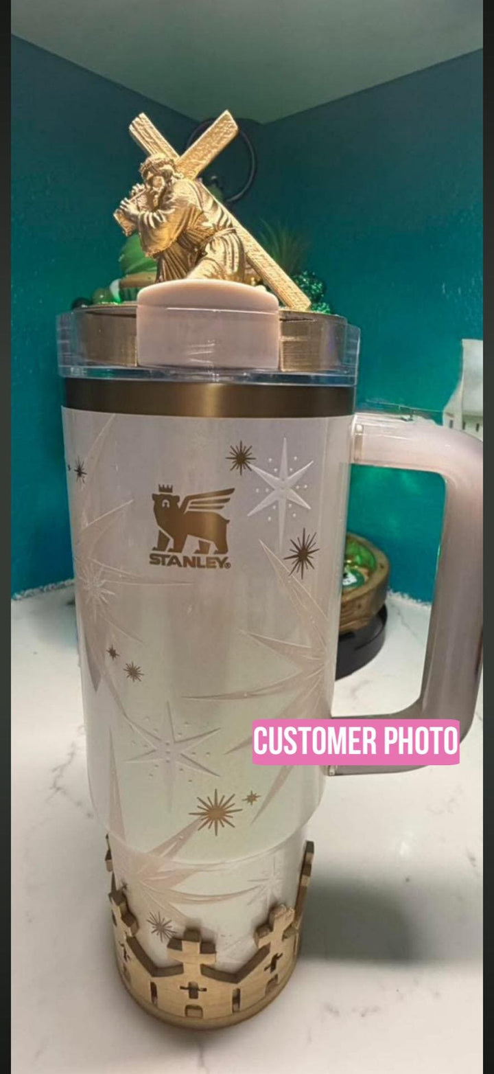 Gold Jesus carrying a crucifix Tumbler lid topper, Cross boot and church boot, Stanley Tumbler Accessories, Starlight Shimmer