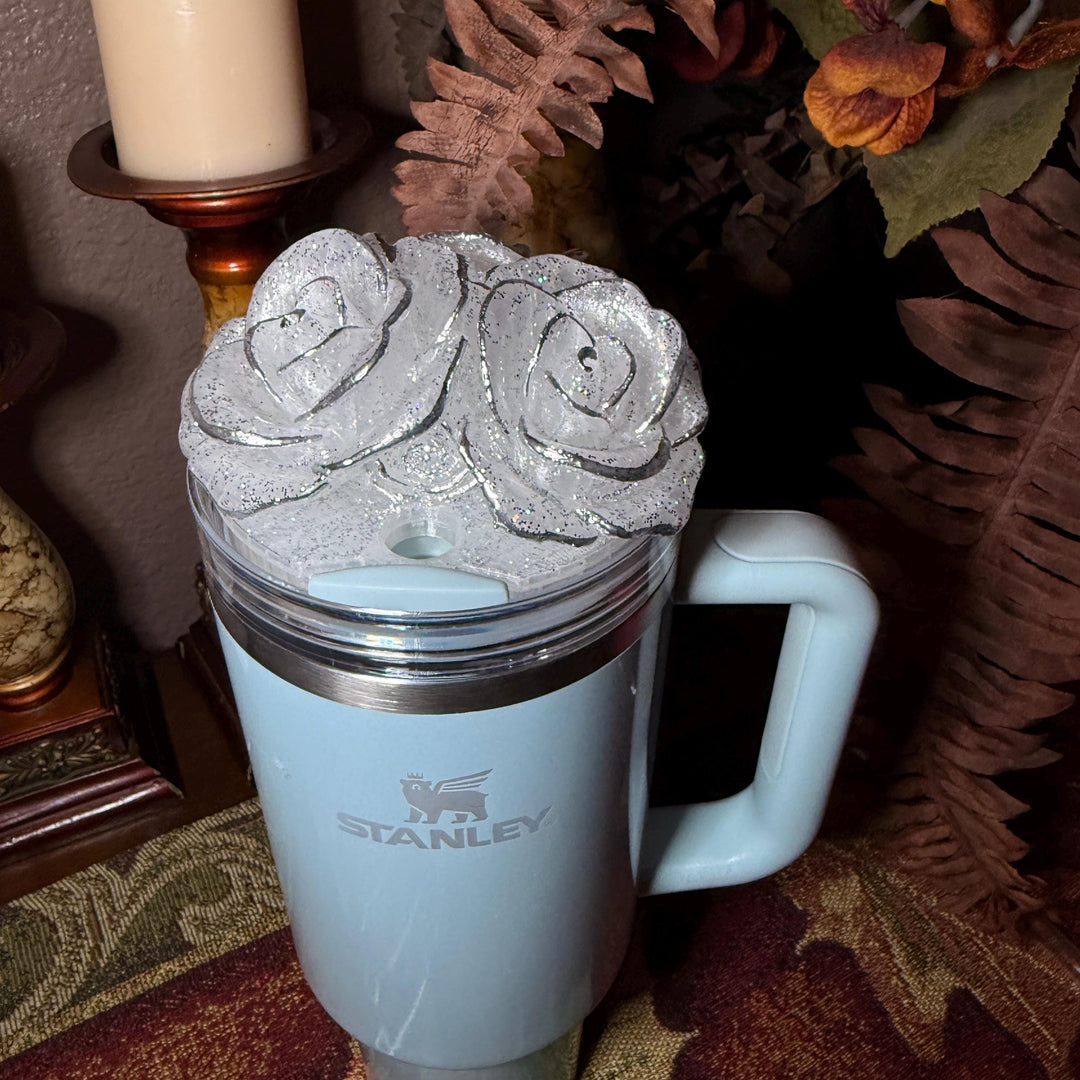 Stunning Glitter Rose Bouquet Cluster Tumbler Topper that fit Stanley Tumbler Quencher Lids, 3D Decorative Lid