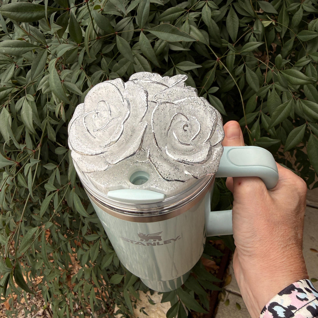 Stunning Glitter Rose Bouquet Cluster Tumbler Topper that fit Stanley Tumbler Quencher Lids, 3D Decorative Lid