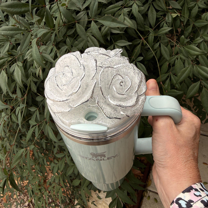 Stunning Glitter Rose Bouquet Cluster Tumbler Topper that fit Stanley Tumbler Quencher Lids, 3D Decorative Lid